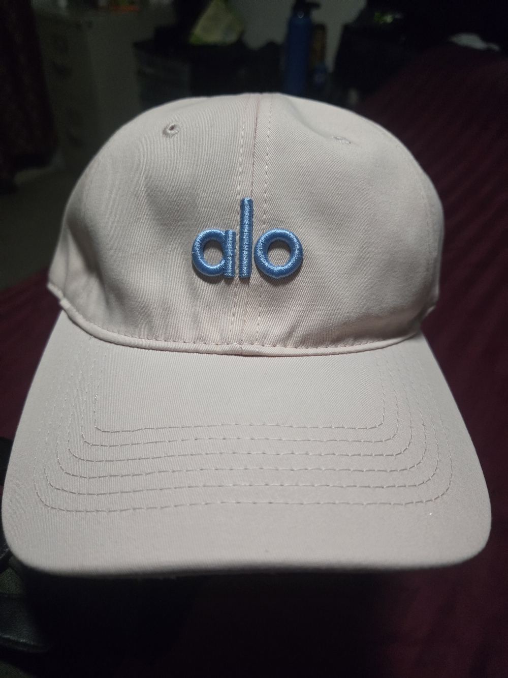 ALO Yoga Women's Pale Pink Cap with Light Blue Logo